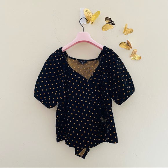 MADEWELL Corduroy Puff Sleeve Wrap Top in Oval Gold Dot (Black) - Picture 2 of 8